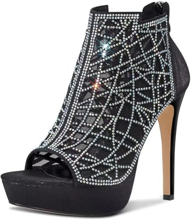 HDEUOLM Women Crystal Stiletto Platform Sandals Peep-Toe High Heels Roman Sandals With Zipper 5.1 Inch Heel Black Colorful 9 M US