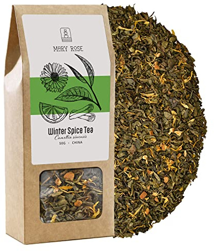 Mary Rose Winter Spice Grüner Tee | Chinesischer Yunnan Grüner Tee | Wärmender Tee mit Zimt | Natürliche Zusatzstoffe | Quelle von Theine | Natürliche Stimulation | 50g