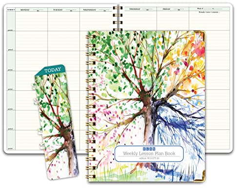 Elan Publishing Company HARDCOVER 7 Period Teacher Lesson Planner - Days Horizontally Across the Top with Bonus Clip-in Bookmark (Tree Seasons)