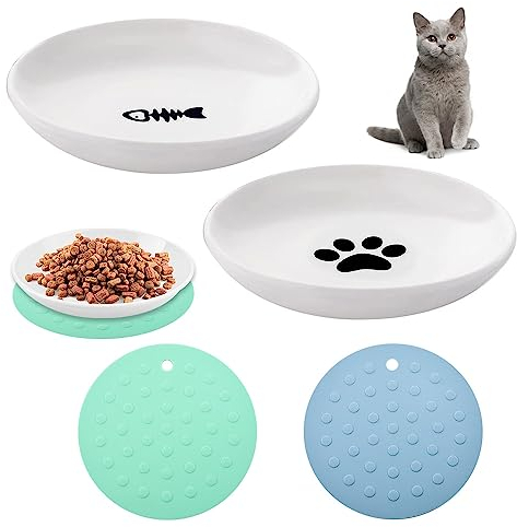 GIGIIS Katzennapf Keramik 2 Stück Futternapf rutschfest Set Breite Katzen Napf zur Erleichterung von Whisker-Müdigkeit mit 2 Stück Antirutschmatten