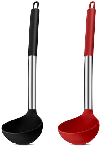 Suppenkelle, Joyfair 2-teiliges Silikon Schöpfkelle Set, Hitzebeständigkeit Schöpflöffel mit Griff aus Edelstahl, 30cm Groß Soßenlöffel zum Kochen/Rühren/Servieren, Gesund & Antihaft - Schwarz & Rot