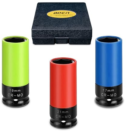 1/2 Zoll Schlagschrauber Nüsse Set, 17 19 21 mm Radschrauben Nuss Set, Felgenschutz für Radwechsel, CR-MO, farbcodiert, nicht-zerkratzend, Schonhülsen für Alufelgen, ideal für die Automobilindustrie