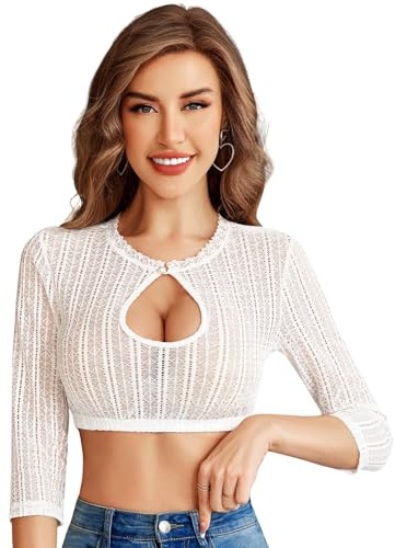 Funspread Camicia da Donna in Pizzo – Blusa Tradizionale da Dirndl per Oktoberfest, Bianca, Maniche 3/4, Taglia 36