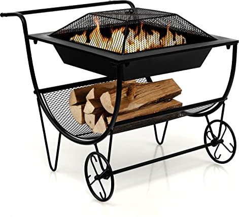 GYMAX Braciere con Supporto per Ceppi, Focolare a Legna da Esterno in Metallo, Porta Legna da Ardere, Carico 70 KG, Ruote e Maniglia, ideale per Barbecue, Riscaldamento, 58,5 x 75,5 x 56,5 cm