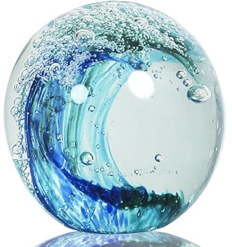 JUYOULE Hand Blown Ocean Wave Glass Ball ：Unique Gift for Beach Lovers，Beach Decorations for Home, Sea Glass Paperweight for Coastal Room Decor, Aquarium & Ocean Themed Decorations