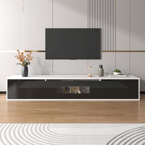 Raeln Ljus vit och svart TV-bänk 180 cm med LED, väggmonterad TV-bänk med räfflade dörrar, hängande TV-stativ, perfekt som vardagsrumsmöbel och skänk, vardagsrum, sovrum