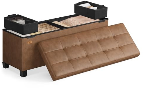 SONGMICS Storage Ottoman, 110 x 38 x 40 cm, Folding Storage Bench with Lid, Footstool, Footrest, 112 L, PVC Leather Surface, for Bedroom, Hallway, Living Room, Coffee Brown and Ink Black LSF0514KQ02