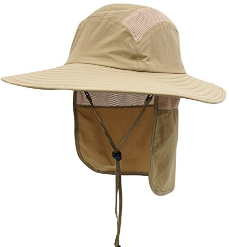 Home Prefer Adult UPF 50+ Sun Protection Cap Wide Brim Fishing Hat with Neck Flap Khaki