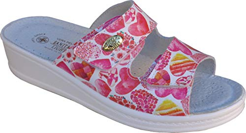 Sanital Light - Zapatilla en Cuero por la casa con Plantilla en Piel anatómica Anti-Shock - 1375 Corazones Rojos 41