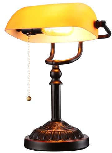 TORCHSTAR Bankers Desk Lamp with Pull Chain Switch, Amber Glass Shade Desk Lamps, Bronze Base, E26 Base, Vintage Library Lamp for Office, Study Room(Matted Orange)