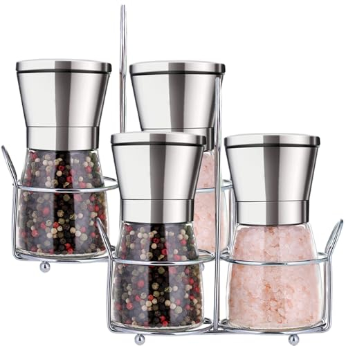 Bugucat Salz und Pfeffermühle 4er,Edelstahl Gewürzmühle mit Verstellbarem Keramikmahlwerk,Chilimühle Nachfüllbare Salzmühle &Pfefferstreuer Leer, Keramikmühle Salzstreuer für Gewürze Pfeffer Chili