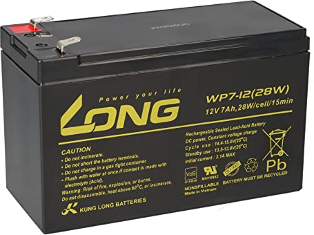 1x AGM 12V 7Ah Bleiakku Long WP7-12 28W VDs Akku Faston F2 6,3mm kompatibel Bleigel Gel Akku 7,2Ah 8Ah 9Ah