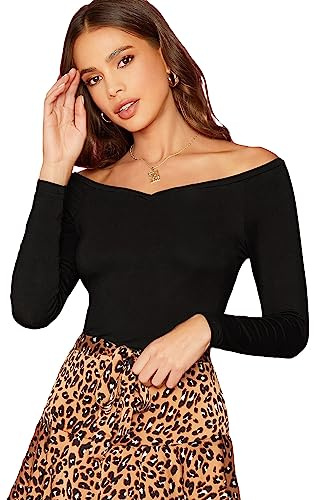 GORGLITTER Women's Off Shoulder Top T Shirt Long Sleeve Solid V Neck Rib Knit Skinny Lightweight Tee Top Black XL
