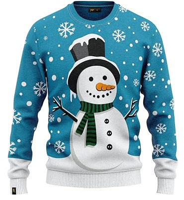JAP Christmas - Pull de Noël Bonhomme de Neige - Une Tenue Parfaite sans gratter - L - Bleu