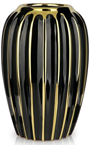 Briful Black Gold Ceramic Vase Home Decor, Ribbed Design, Porcelain Decorative Flower Vase, 9.8'' Tall Floral Vases for Table Desk Wedding Decoration