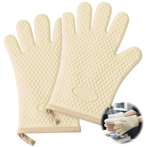 Guantes de cocina resistentes al calor con forro de algodón de silicona gruesa para 1200 ℃, impermeables y antideslizantes, juego de 2 guantes de horno de cinco dedos para hornear, cocinar, barbacoa,
