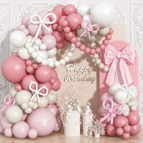 Dusty Pink and White Balloons Garland Arch Blush Pink Bow Balloons as Bow Decor Beige Cream Latex Balloon for Neutral Boho Birthday Party Coquette Baby Shower Bridal Wedding