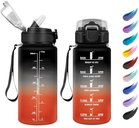 KollyKolla Bouteille d'eau Enfant 500ml, Gourde avec Paille Marqueur de Temps, Étanche, Reutilisable pour Yoga, l'école, Cyclisme, Bureau