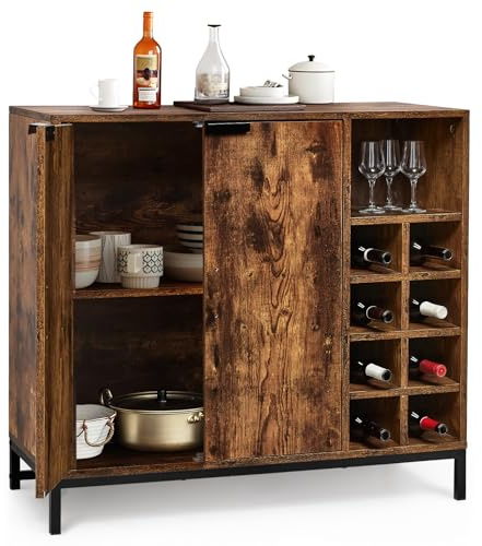 Warmiehomy Wooden Sideboard Storage Cabinet Free Standing Kitchen Cabinets Cupboard Wine Drinks Cabinet Storage Unit w/2 Doors & Wine Racks, Sideboards for Living Room Bedroom Home Bar Hallway, Brown