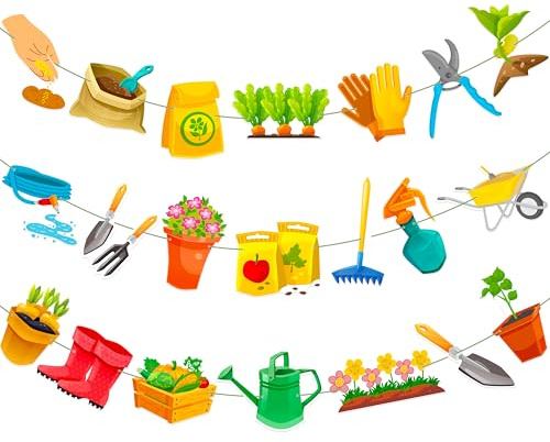 3Pcs Gardening Tool Banners Garden Birthday Party Decorations Garden Tool Theme Banner Garlands Hanging Decorations for Spring Theme Birthday Party Baby Shower Supplies