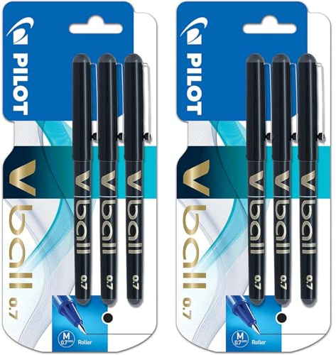 PILOT V Ball 07 Liquid Ink Rollerball Pen | 0.7mm Medium Nib | Black Ink | Blister Packs of 6 Pens