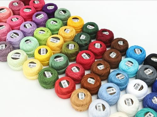 Filo Da Ricamo Set di 54 colori, misura 8, filo perle cotone for ricamo all'uncinetto, smock, applique, lungo 43 metri