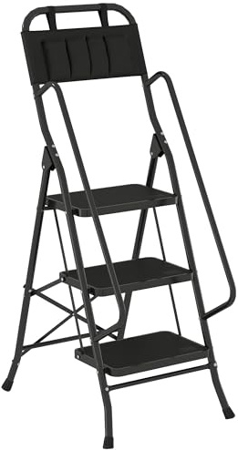 HOMCOM Escalera Plegable de 3 Peldaños con Bolsa de Herramientas, Escalera de Tijera, Carga 150 kg, con Peldaños Anchos Antideslizantes, Bloqueo de Seguridad, Apoyabrazos, Negro