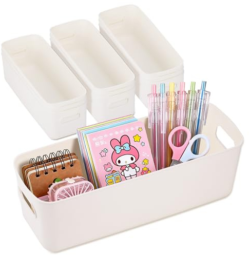 Starvortex 10 Pezzi Cestino Portaoggetti in Plastica, Contenitori Plastica con Maniglia, Organizer Bagno e Cucina Impermeabile Bianco, Cestini Portaoggetti Multiuso per Camera da Letto, 26x9x8,5cm