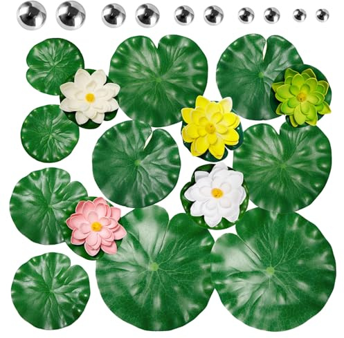 Sixfolo 25 Piezas Juego de Decoración de Estanque Flor de Loto Artificial Flotantes Nenúfares Artificiales de Espuma con Hojas de Loto y Bolas Flotantes para Jardines Piscinas y Acuarios