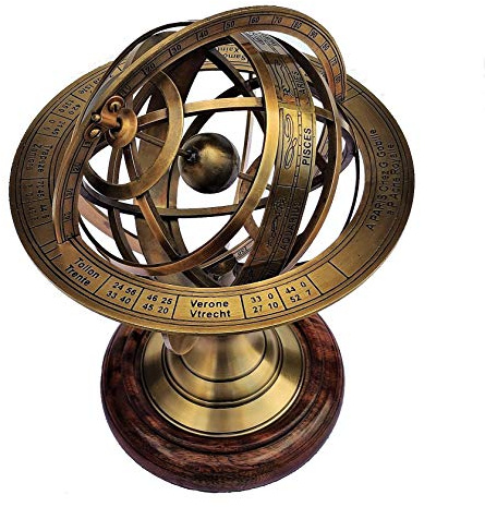 Castle Instruments Antique Brass 11 Armillary Sphere Globe Astrolabe Zodiac Engraved Celestial Globe Wooden Base