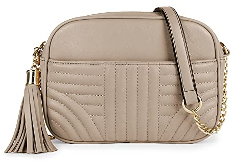 EVVE Quilted Crossbody Bags for Women - Stylish Camera Bag with Tassel - Lightweight Medium Size Shoulder Purse | Sand