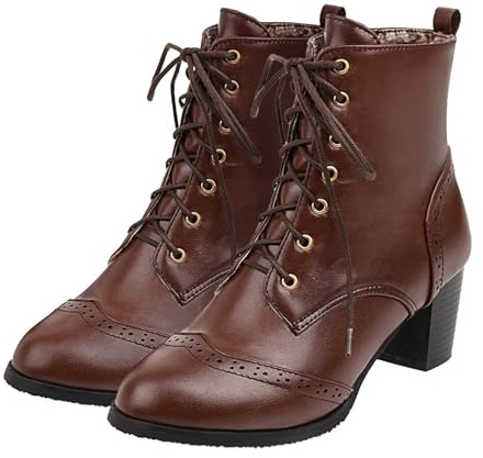 UniqueStride Women's Brogue Ankle Boots Lace Up Ankle Bootie with Chunky Block Heel Round Toe Shoes (dark brown,US size 15)