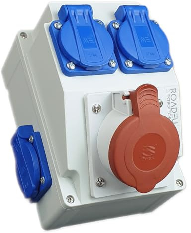 RoadEu - Toma de pared combinada CEE 16A 5P con 4 enchufes Schuko 230V. Distribuidor de corriente con protección IP44. Ideal para uso en talleres, obras y exteriores.