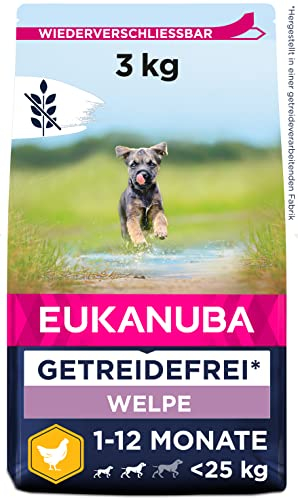 Eukanuba Welpenfutter getreidefrei mit Huhn für kleine und mittelgroße Rassen - Trockenfutter ohne Getreide für Junior Hunde, 3 kg