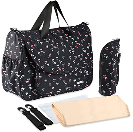 SONARIN Multifunktionale Baby Wickeltasche,Wasserdicht Reise Wickeltasche Umhängetasche Tragetasche Henkeltaschen Babytasche mit Wickelunterlage & Flaschentasche & Kinderwagen Haken(Schwarz)