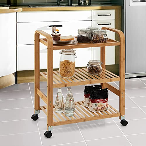 GIANTEX Carro de Servicio de Bambú, Carrito de Cocina con Ruedas Giratorias, Carrito Auxiliar de Almacenamiento con 3 Estantes, con Asas, Ruedas Extraíbles, para Cocina, Comedor, Salón