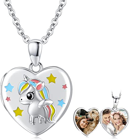 OHAYOO Einhorn Kette mit Bild 925 Sterling Silber Einhorn AnhäNger Medallion Zum Öffnen mit Bild Einhorn Schmuck Geschenke für Frauen MäDchen Kinder