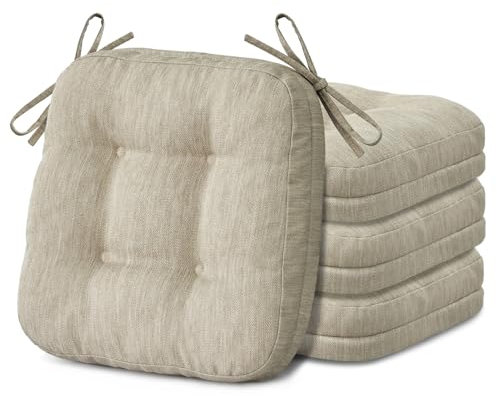 Shinnwa Chair Cushions for Dining Chairs 4 Pack, Tufted Memory Foam Kitchen Seat Cushions, Non-Slip Chair Pads with Ties, 16.5” x 16.5” x 3.5”, Beige, Set of 4