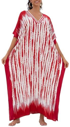 L-Peach Vestido Kaftan para Mujer, Pijama Largo de Estar por Casa, Caftan de Playa, Vestido de Ocultación, Robe, Sarong, Pareo, A1 rojo., Talla única