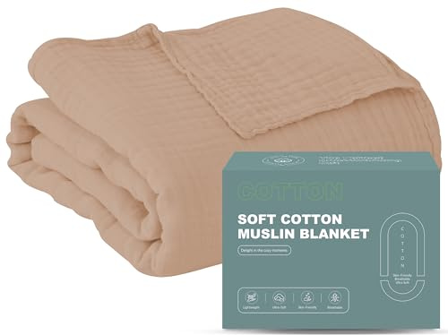 Cosy Family 4 Layer Muslin Bed Blanket - Breathable and Lightweight Gauze Boho Blanket for Spring, Soft 100% Cotton Muslin Blanket, Brown, 55x80 Inches
