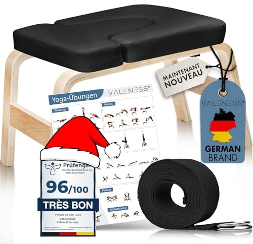 VALENESS® Yoga Kopfstandhocker - Hochwertiger Yoga Hocker inkl. Yogagurt, Yogablock & Übungsposter - Yoga Stuhl zur Handstand-Übung aus massivem Naturholz - Yoga Ausrüstung für Zuhause (Schwarz)