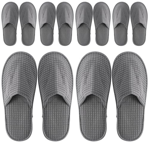 LYCN 6 Pairs Non Slip Disposable Slippers, Closed Toe Fuzzy Spa Slippers, Cotton Home Slippers Women Men for Hotel Guest Family Travel Party (Grey)