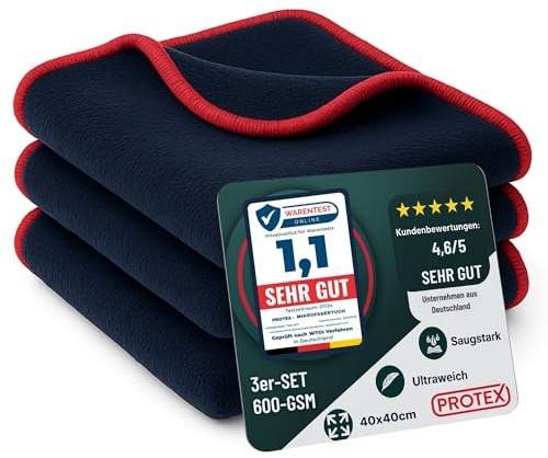 PROTEX© Mikrofasertücher Auto 380 GSM - [Testsieger 2025] fusselfreie & lackschonende Reinigungstücher - extrem saugstark & weich - Poliertuch 40x40 cm - 3er Set