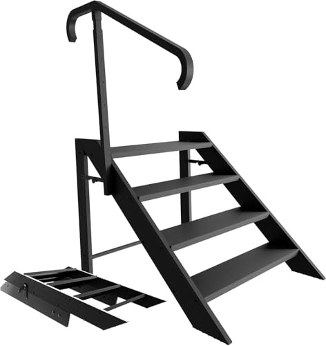 Escabeau Pliable, Escabeau 4 Marches Pliable, Marchepied Caravane avec Main Courante Réglable en Hauteur et Pieds Antidérapants, Marche Pied Pliant pour Maison, Camping-Car, Mobil-Home, Spa