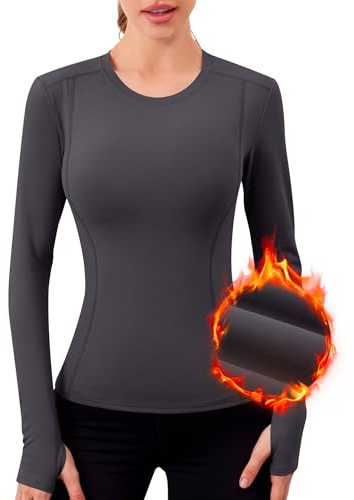 IECCP Women Thermal Long Sleeve Thermal Top with Thumb Holes Shirts Crew Neck Fleece Lined Base Layer Soft Undershirt Tops Cold Weather Athletic Shirt Gray M