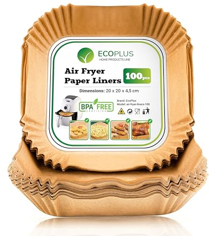 ECOPLUS Carta forno Quadrata per friggitrice ad aria 100 pezzi, BPA Free 20 cm x 20 cm, Antiaderente e Compatibile con tutti i modelli - Per una cottura sana