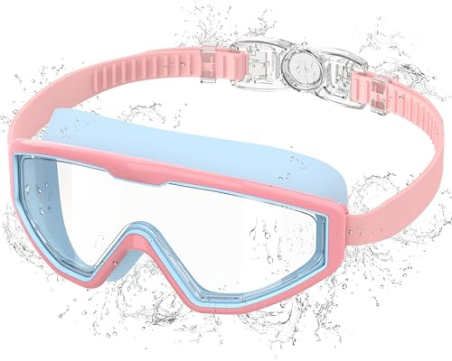 Ambienden Lunette de Piscine Enfant Anti-Buée & UV, Vision Large - Réglage Rapide 1 Touche, Joint Silicone Confortable, lunettes de natation Mixte 3-12 Ans, Blue-Pink
