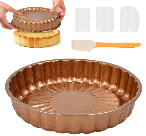 VGECEE Stampo per Charlotte da 25 cm con 3 Raschietto per Pasta in Plastica e 1 Silicone Spatula Semicircular, Teglia per Torte Chicago Metallic Professional Tortiera per Pan di Spagna per Quiche Pan