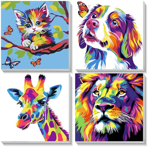 NEWENMO 4 Pack Paint by Numbers Kit,Cute Animals Paint by Number with Frame,Painting by Numbers,DIY Acrylic Art Painting on Canvas for Home Decor 20x20cm