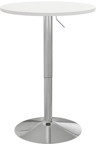 HOMCOM Tavolo da bar rotondo, tavolo alto da cucina, mangia in piedi regolabile in altezza 69-91 cm, con piano girevole a 360°, base in acciaio bianco e argento